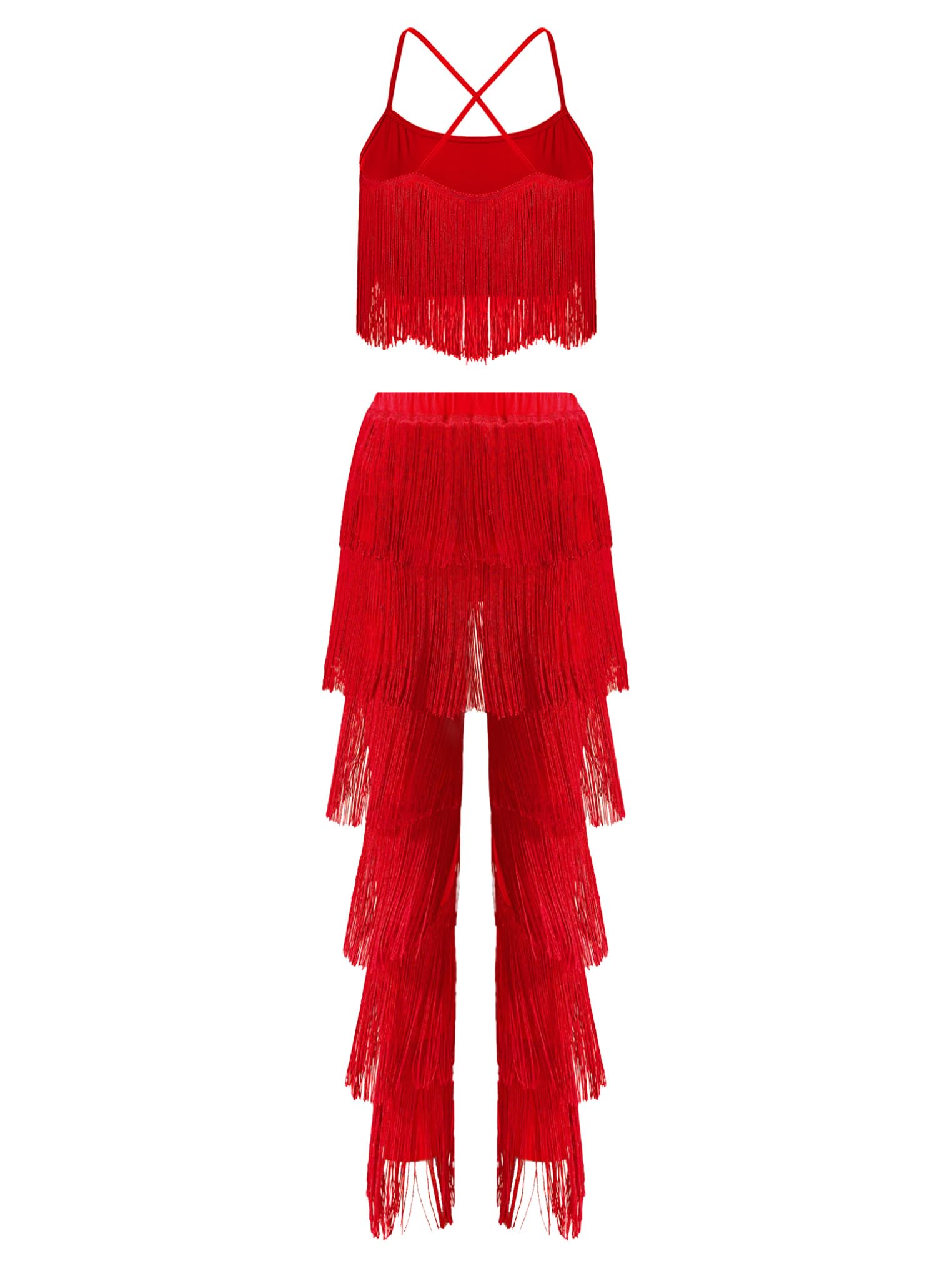 YEAHDOR Women Latin Salsa Dance Outfits Spaghetti Straps Tassel Crop Top with Fringe Pants 2 Piece Set Red Medium