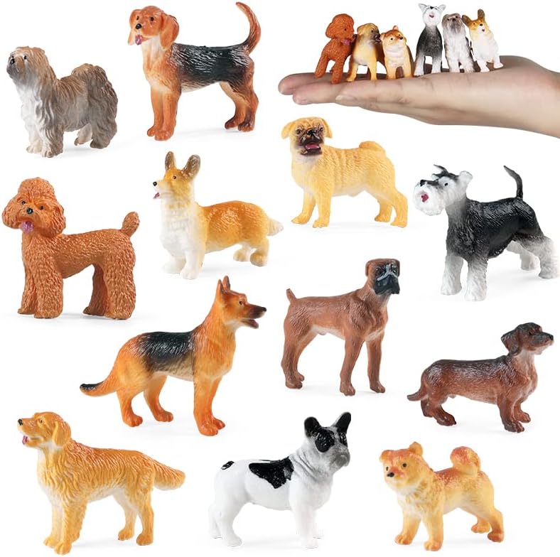12PCS Dog Figurines Playset, Realistic Mini Plastic Puppy Figures, Miniature Animal Toys Dog Cake Topper Party Favor Easter Eggs Christmas Birthday Gift for Kids Toddlers