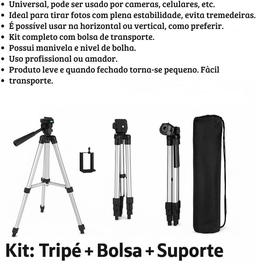 Tripé Profissional Universal 1,3M Para Celular e Câmera com Bolsa, Leve, Compacto, Alumínio Resistente, Nível Bolha, Ajuste Preciso, Ideal para Vídeos, Fotos, Lives e Conteúdo Profissional Tripé Profissional Universal 1,3M Para Celular e Câmera com Bolsa, Leve, Compacto, Alumínio Resistente, Nível Bolha, Ajuste Preciso, Ideal para Vídeos, Fotos, Lives e Conteúdo Profissional