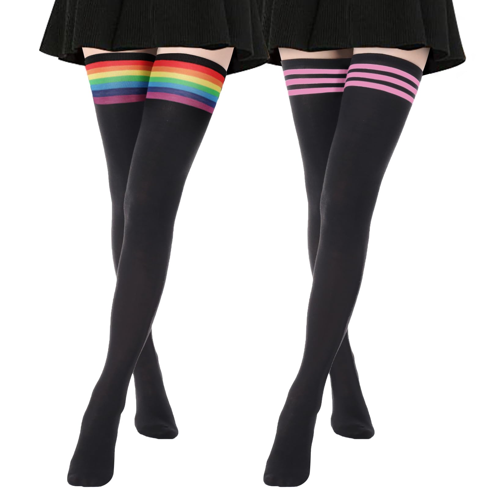 AQOKKA Extra Long Thigh High Socks for Women Striped Long Stockings