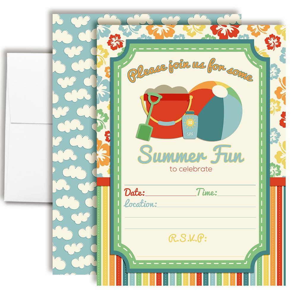 Beach Summer Fun Birthday Party Fill in Invitations set of 20 with envelopes by AmandaCreation
