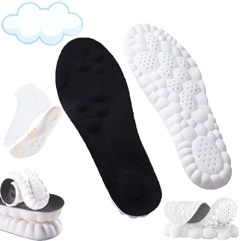 4D Insoles - 4D Cloud Technology Insole - Super Soft, Ultra Comfort Insoles, 4D Sports Shoes Insoles, Acupoint Massage Insole for Foot & Joint Support (7-8, Black)