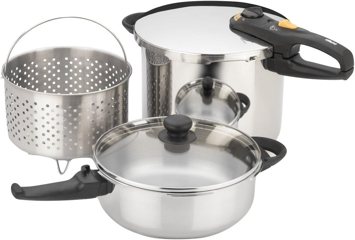 Fagor Stainless Steel Duo Combi 2-in-1 Pressure Cooker for Rice, Beans, Braised Meats, & Soups, 4 & 8 Quart, Silver, 5 Piece Set
