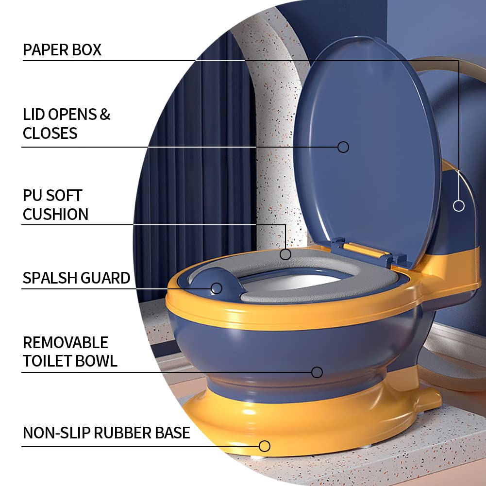 Potty Training Toilet, Realistic Potty Training Seat, Toddler Potty Chair with Soft Seat, Removable Potty Pot, Toilet Tissue Dispenser and Splash Guard, Non-Slip for Toddler& Baby& Kids Navy Blue, Yellow image 2 of 8 B09P8B3MN6