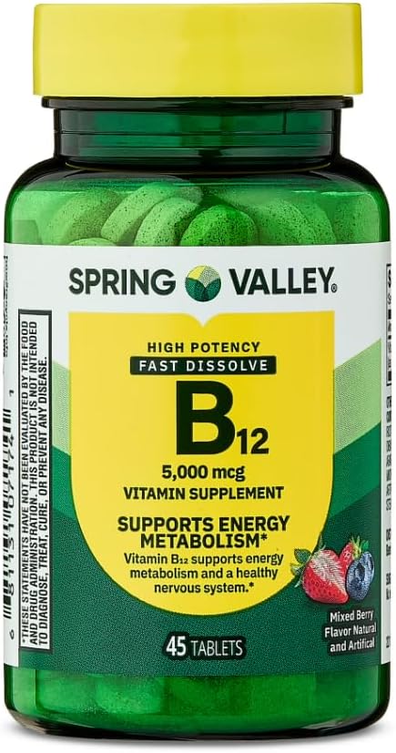 Spring Valley Vitamin B12 Fast Dissolve Tablets, 5000 mcg, Mixed Berry Flavor, Supports Metabolism, 45 Count
