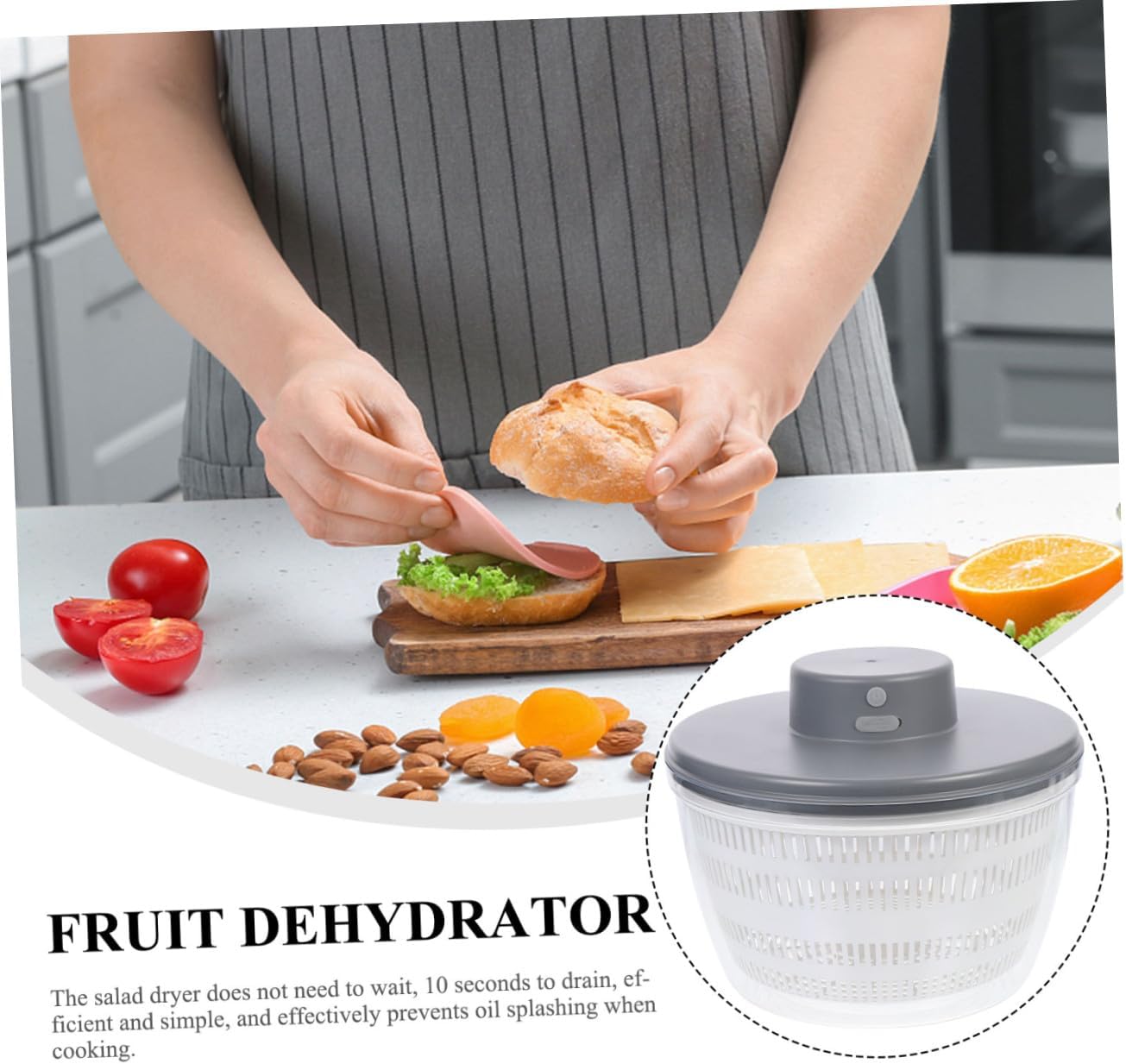 PRETYZOOM Electric Salad Dryer and Vegetable Dehydrator Grey Drain Basket Adjustable Speed for Home Cooking and Meal Prep