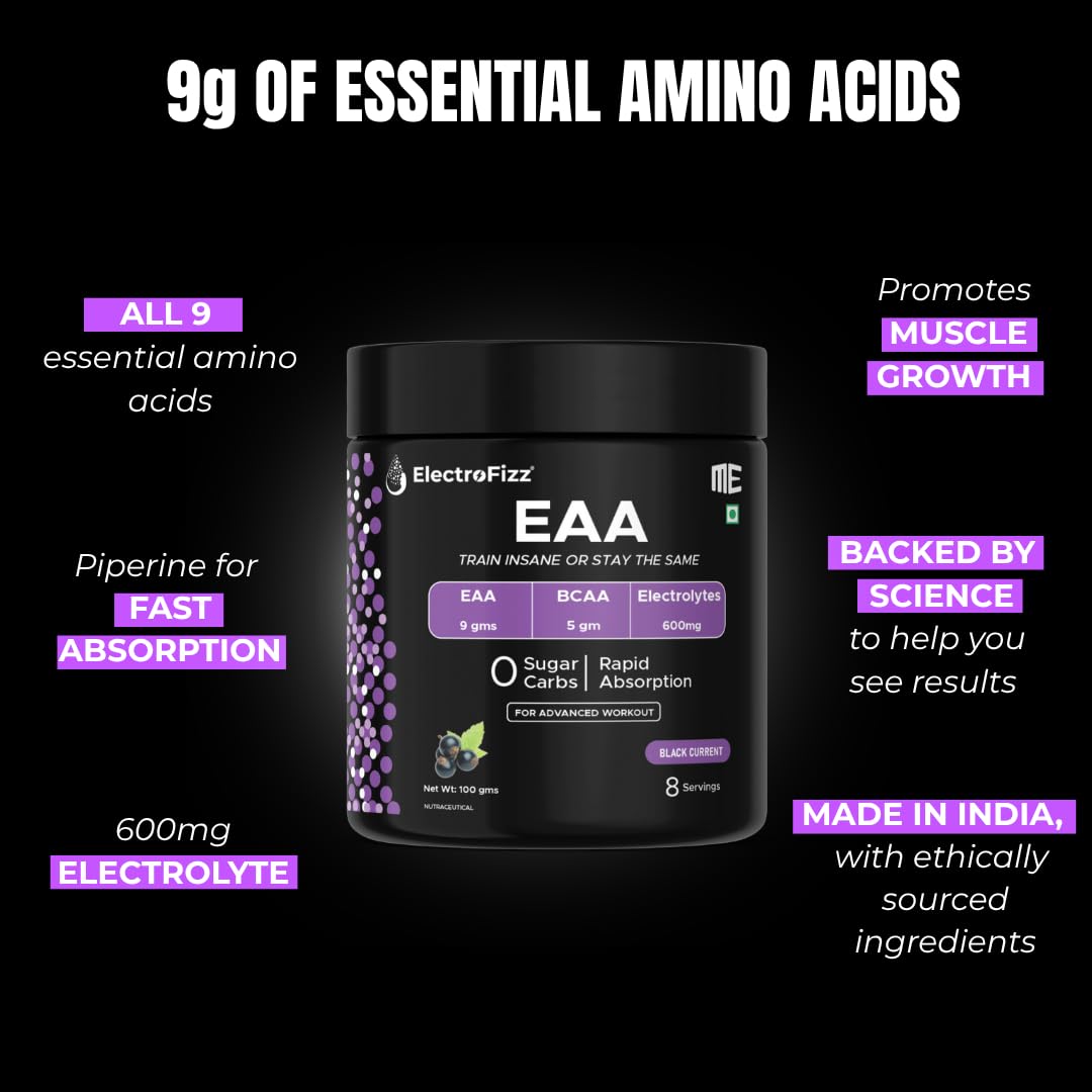 ElectroFizz Advanced EAA Supplement For Men & Women With Hydration Blend & Vitamins | 9000 mg EAA intra workout Supplement With BCAA 5000Mg - 8 Servings,100 gms (Black currant) - Image 2 thumbnail