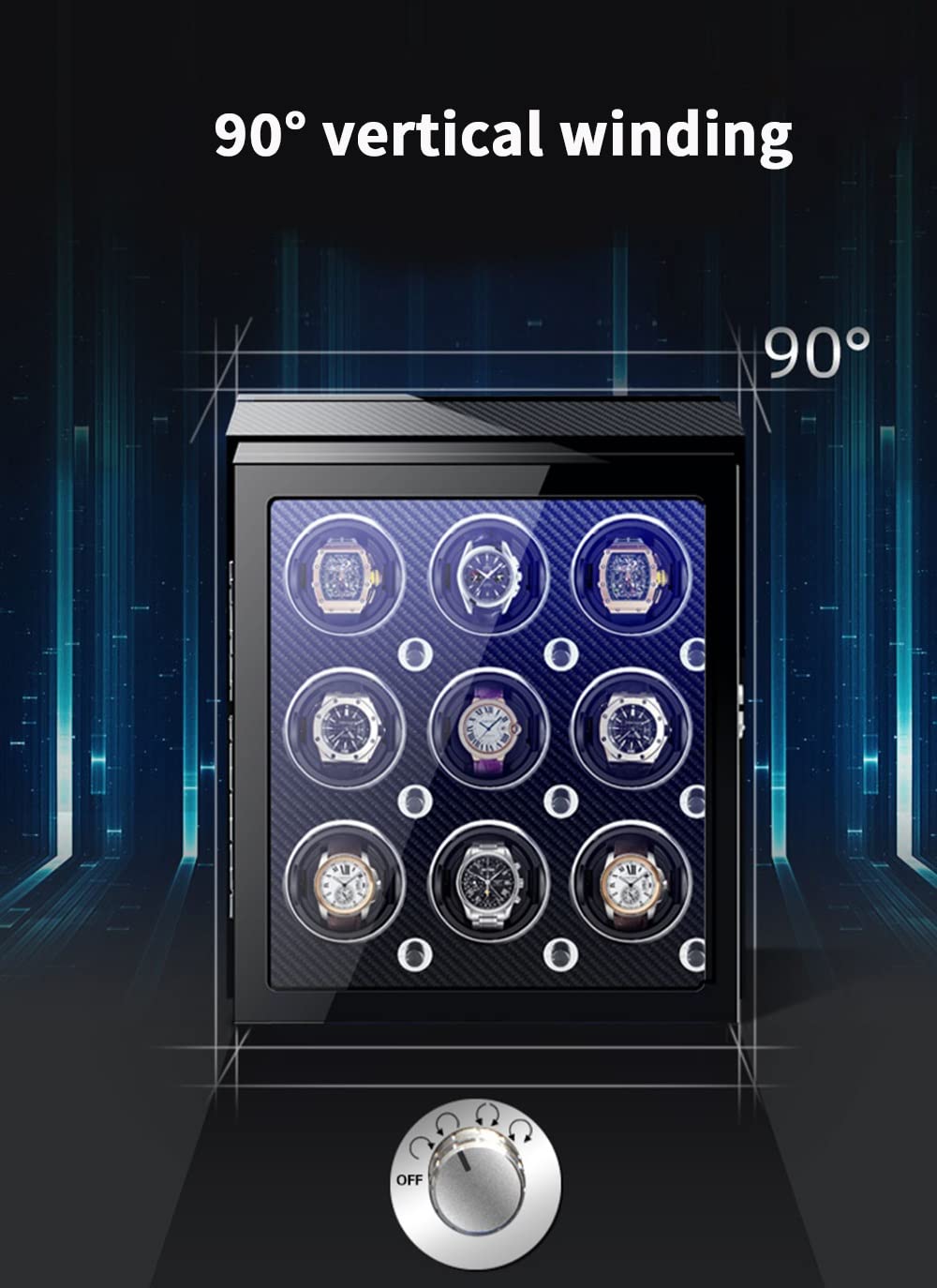 Scatola Carica Orologi per Orologi Automatici da 4, 6 o 9 Pollici con Luce LED e Motore Silenzioso, espositore per Orologi da Polso in Legno con Finitura Laccata pianofor，Black-2+0