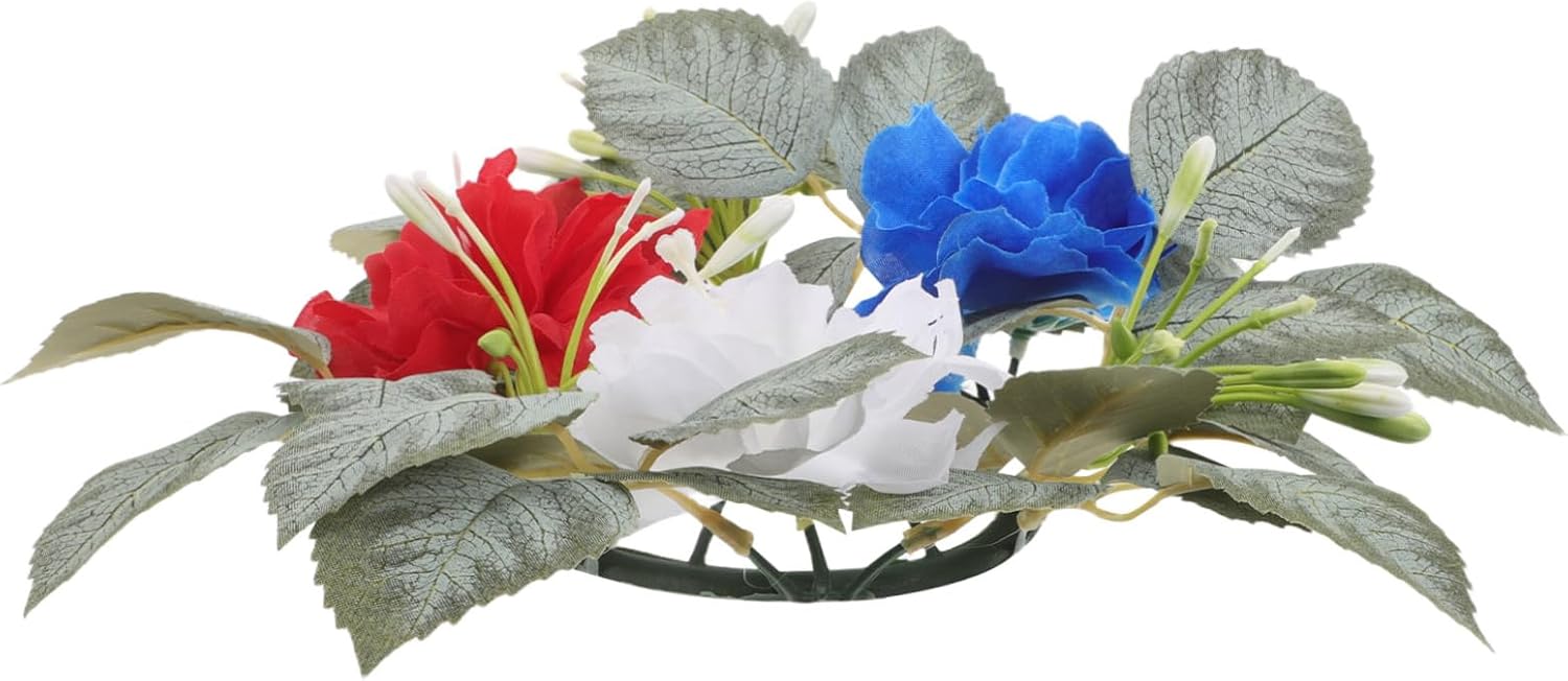 PRETYZOOM Patriotic Candle Ring Wreath Red White Blue Faux Flower Candle Holder for Independence Day Home Decor Easy Care Versatile Use for Family Gatherings and Celebrations