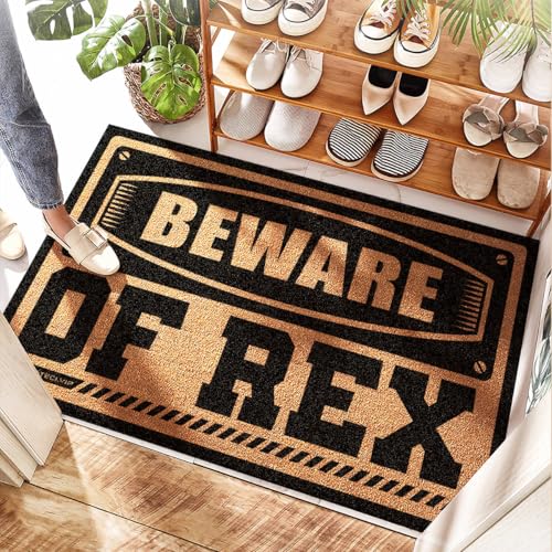 Tapis en coco Beware Of Rex pour entrée de maison