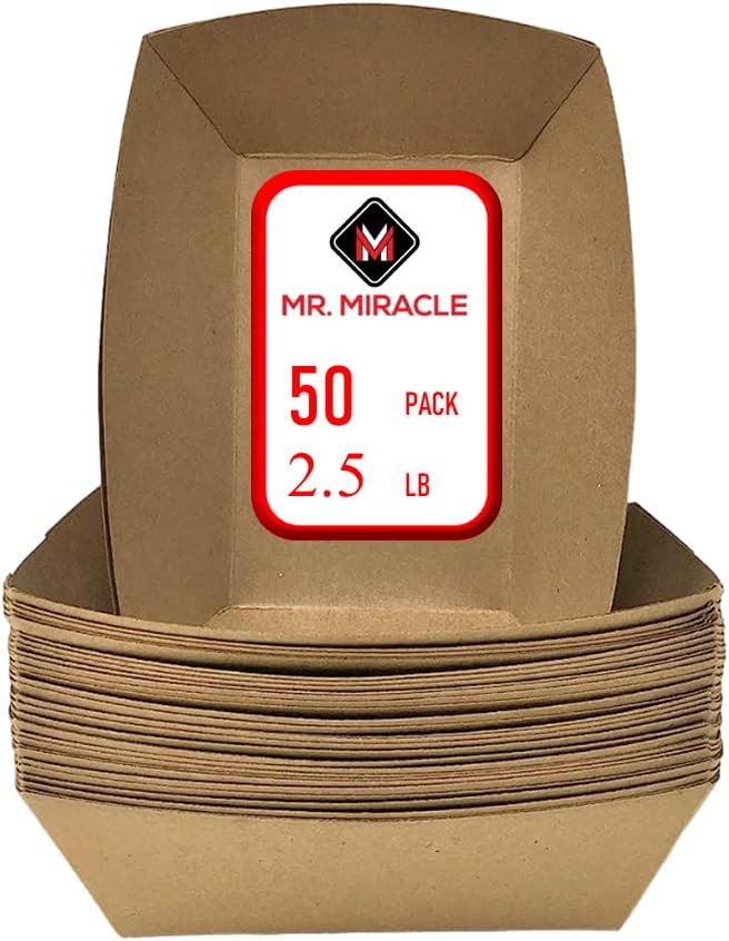 Mr Miracle Kraft Paper Food Tray. 2.5 LB. (50 Pack). Disposable, Recyclable and Fully Biodegradable. Large Concession Food Boats, Made in USA