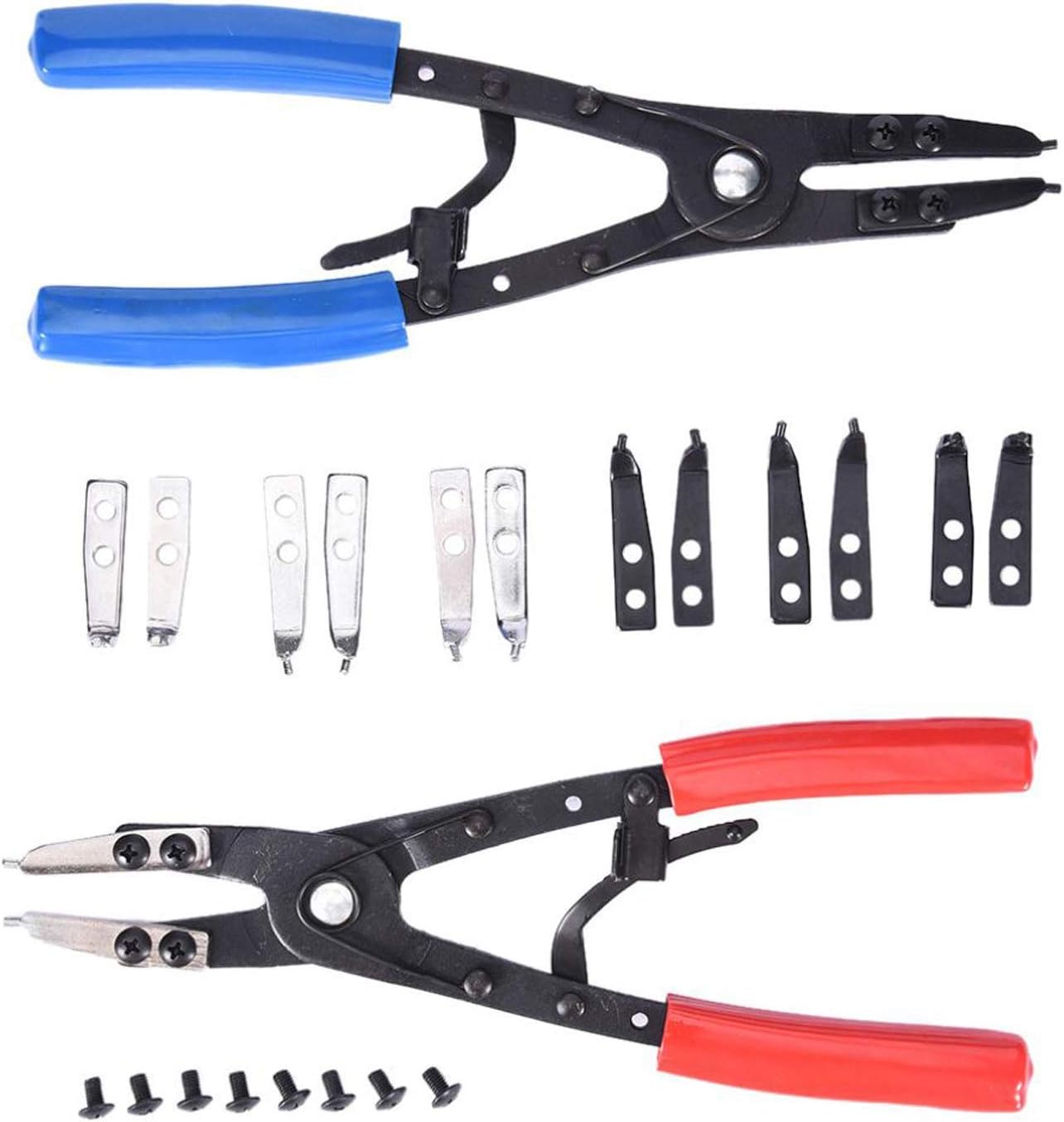 2 Pcs Snap Ring Plier Set,10-1/2‘’ Snap Ring CIRCLIP Remover Installer Retaining O Ring Pliers ,External and Internal Circlip Pliers with 16pc Replacement Tips,Offset Tip