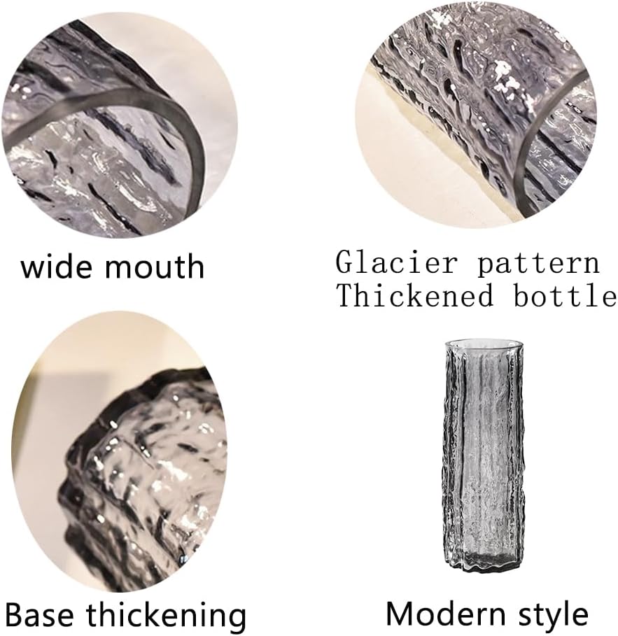 Clear Glass Vase Cylinder 7" Ribbed Thickened Flower Vase Crystal Vase for Modern Centerpieces Home Decor Living Room Bedroom Dining Table Office Wedding Decoration Gift (Grey) - Image 5