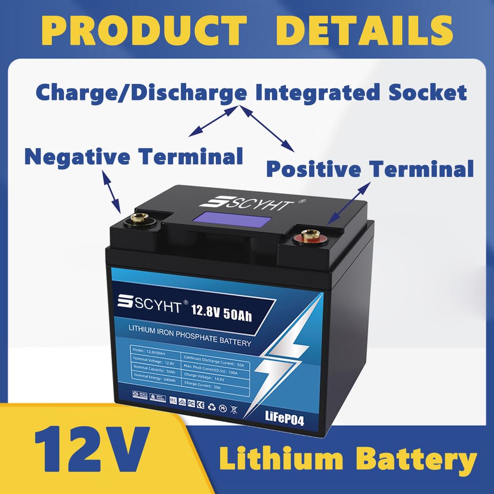 Batteria LiFePO4 12V 50Ah Batteria al litio 12V Batterie a ciclo profondo per camper, applicazioni off-grid e solari, kit motore da 50W a 640W con display LCD,12v50ah 1pack