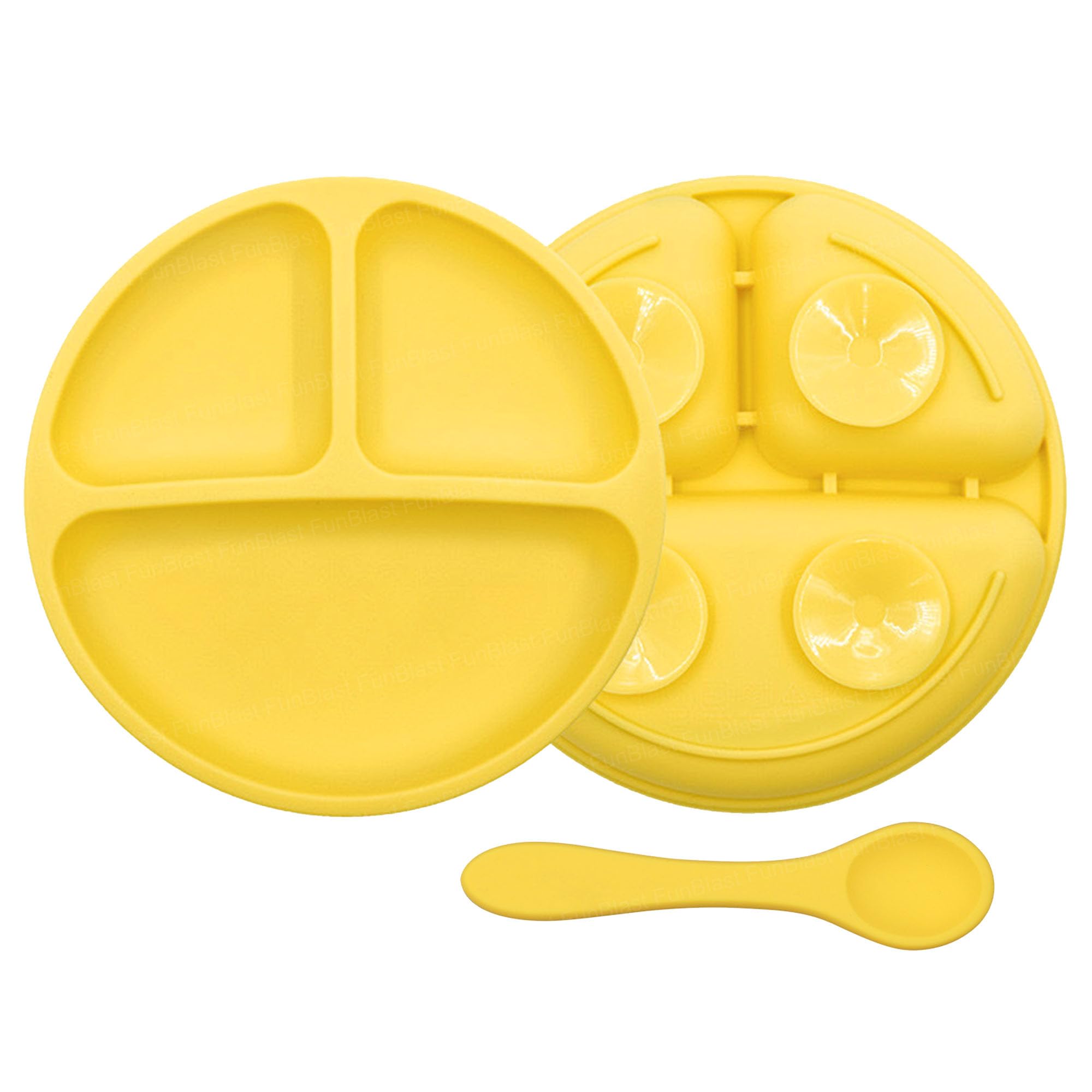FunBlast Silicone Suction Plate with Compartments & Spoon – BPA-Free Baby Feeding Set, Strong Suction, Non-Slip Toddler Plate for Self-Feeding, Microwave & Dishwasher Safe (Yellow)-image-24