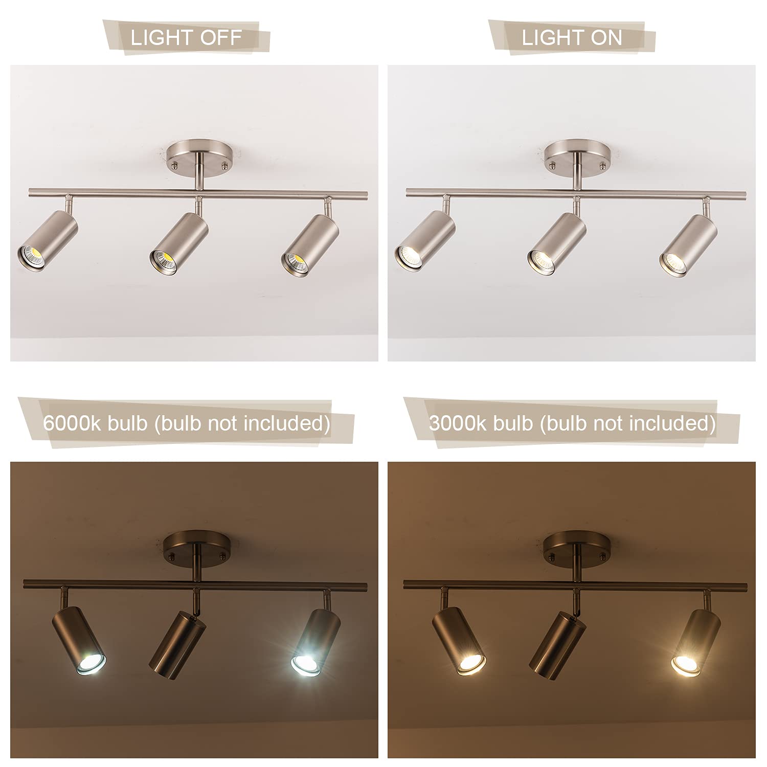 Brfaixla 3-Light LED Track Lighting Kit Brushed Nickel Metal 3 Way 24" Ceiling Spotlight GU10 Bulbs Modern Rotatable Flush Mount Light Fixture for Dining Room Bedroom Living Room Store Bar Office