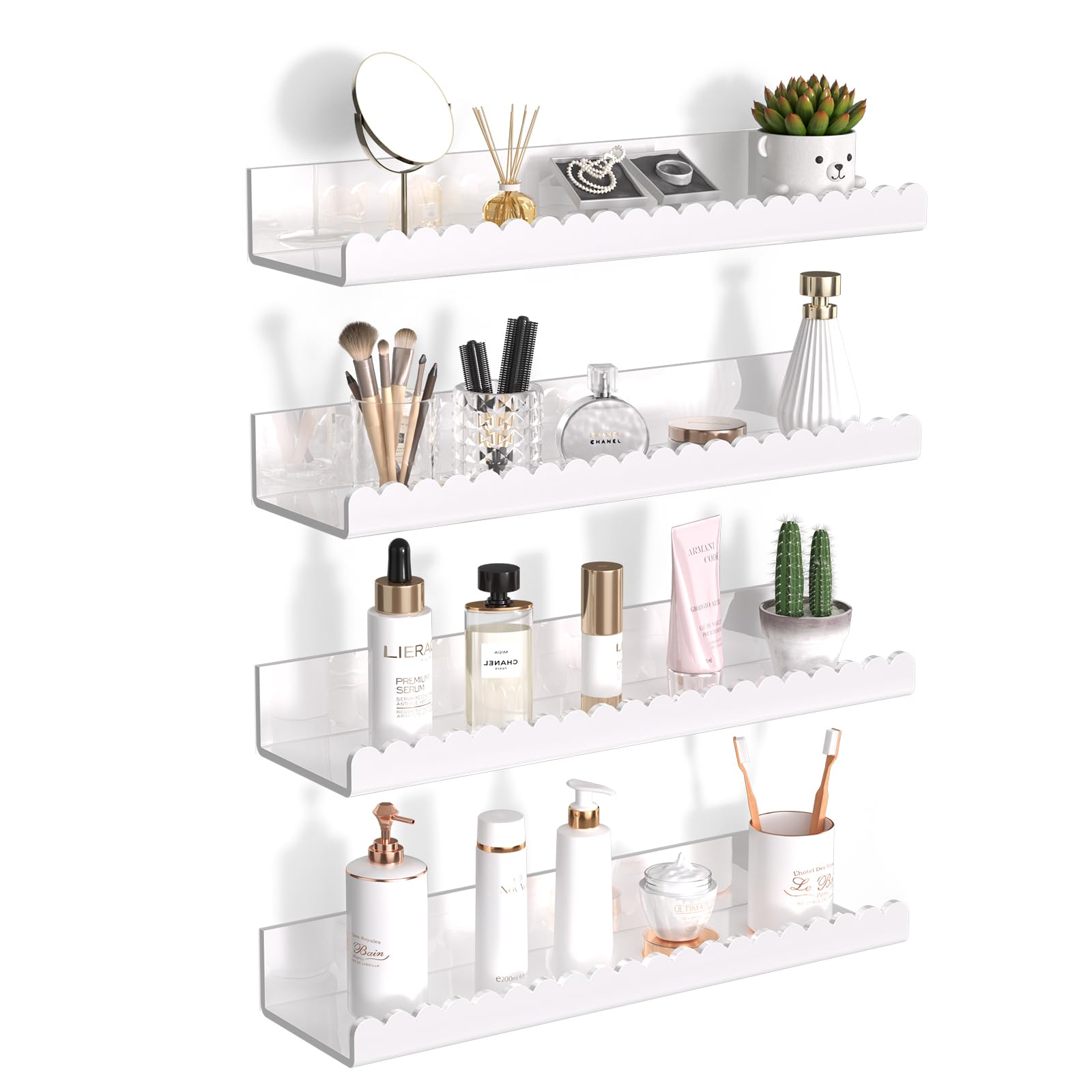 PITBVO 4 Pack 12 Inch White Scalloped Acrylic Floating Wall Shelves