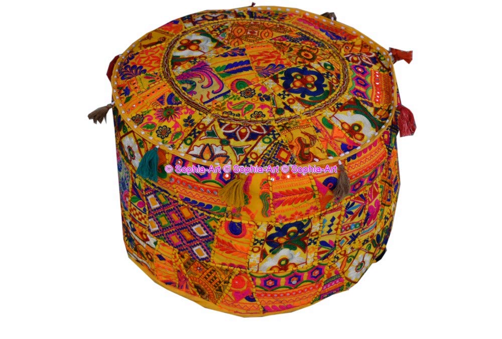 Sophia-Art Indian Embroidered Patchwork Cover Indian Decorative Pouf Indian Comfortable Floor Cotton Cushion Ottoman Pouf,Indian Designs Ethnic Patchwork Pouf (Yellow Rajkoti, 14"x22")-image-21