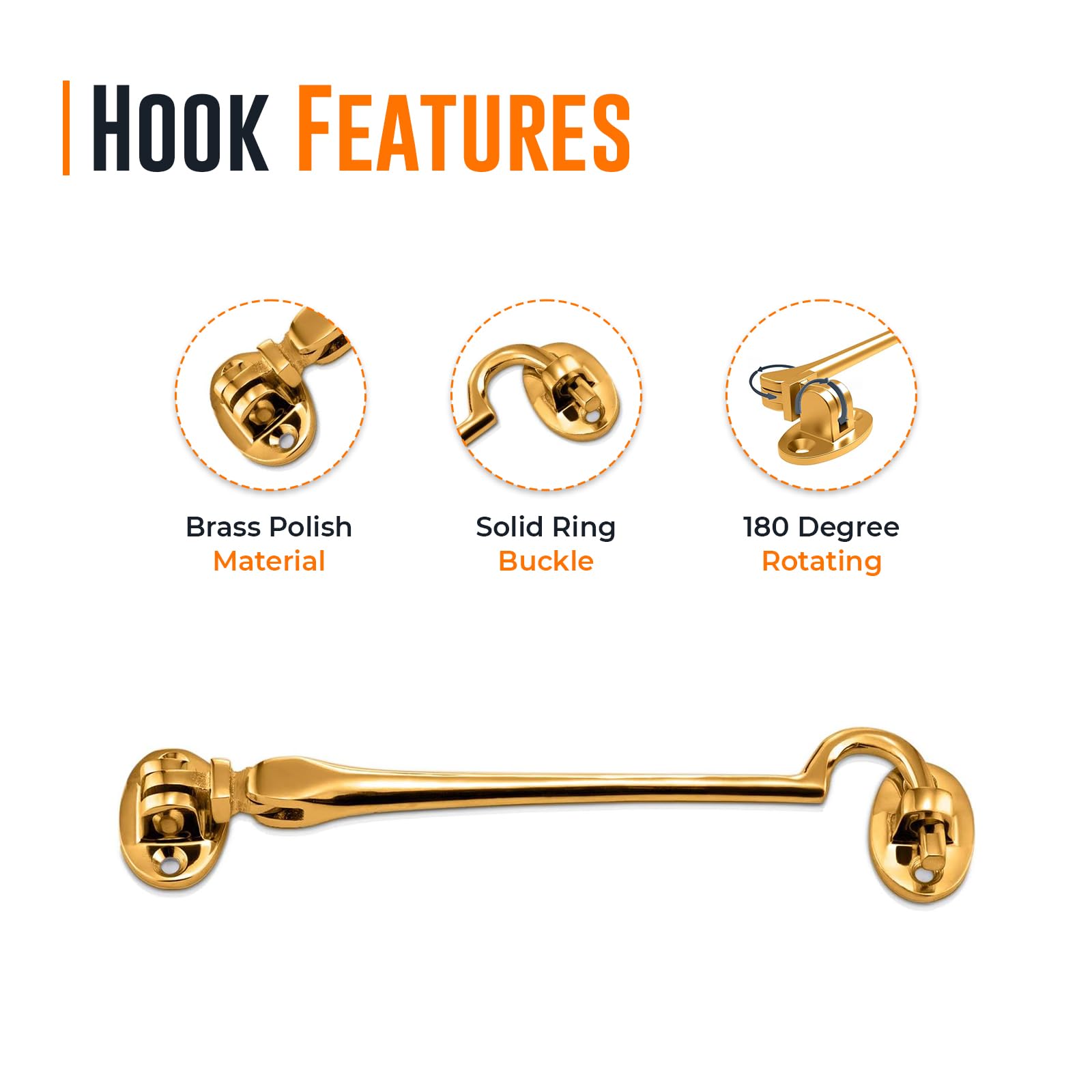 Pack 2 Brass Cabin Hook Silent Type 150mm, Heavy Duty Solid Brass Door Latch for Gates Sheds, Windows & Cupboards - Image 3