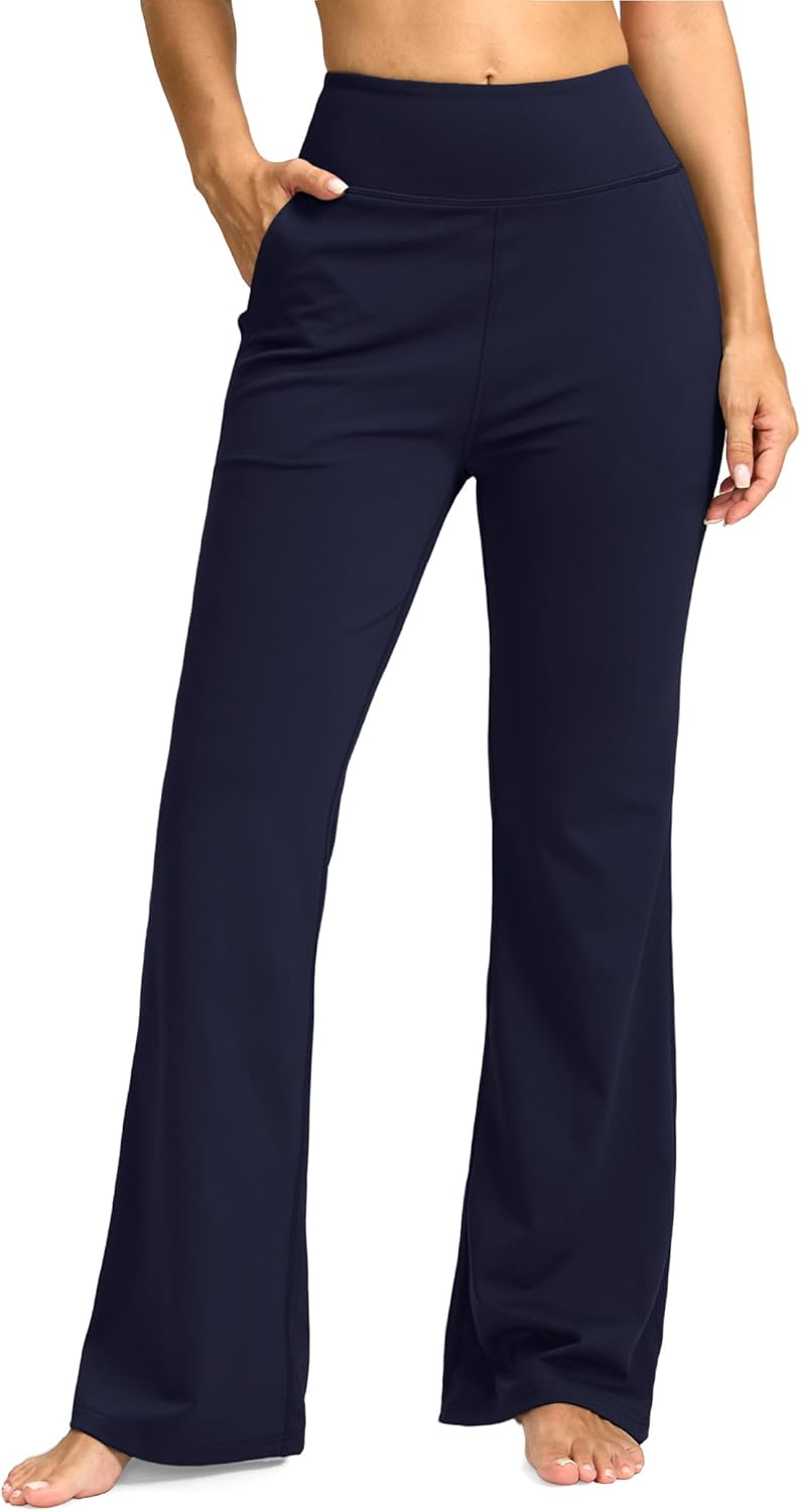SANTINY Bootcut Pants for Women 28.5"/30.5"/32" Loose High Waisted Wide Leg Leggings Dress Flare Yoga Pants with Pockets (Navy_30.5-XL)