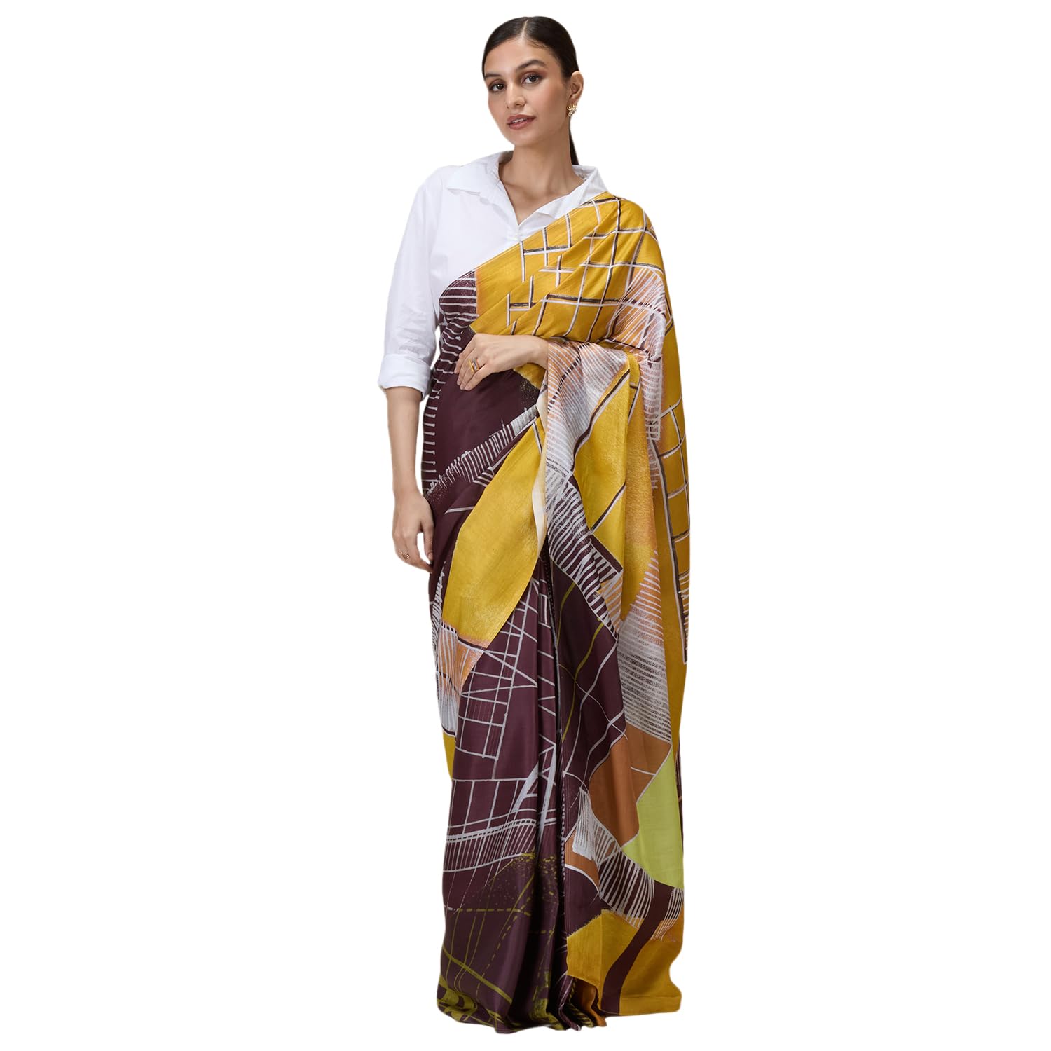 Navyasa Maroon Liva Satin Abstract Print Saree