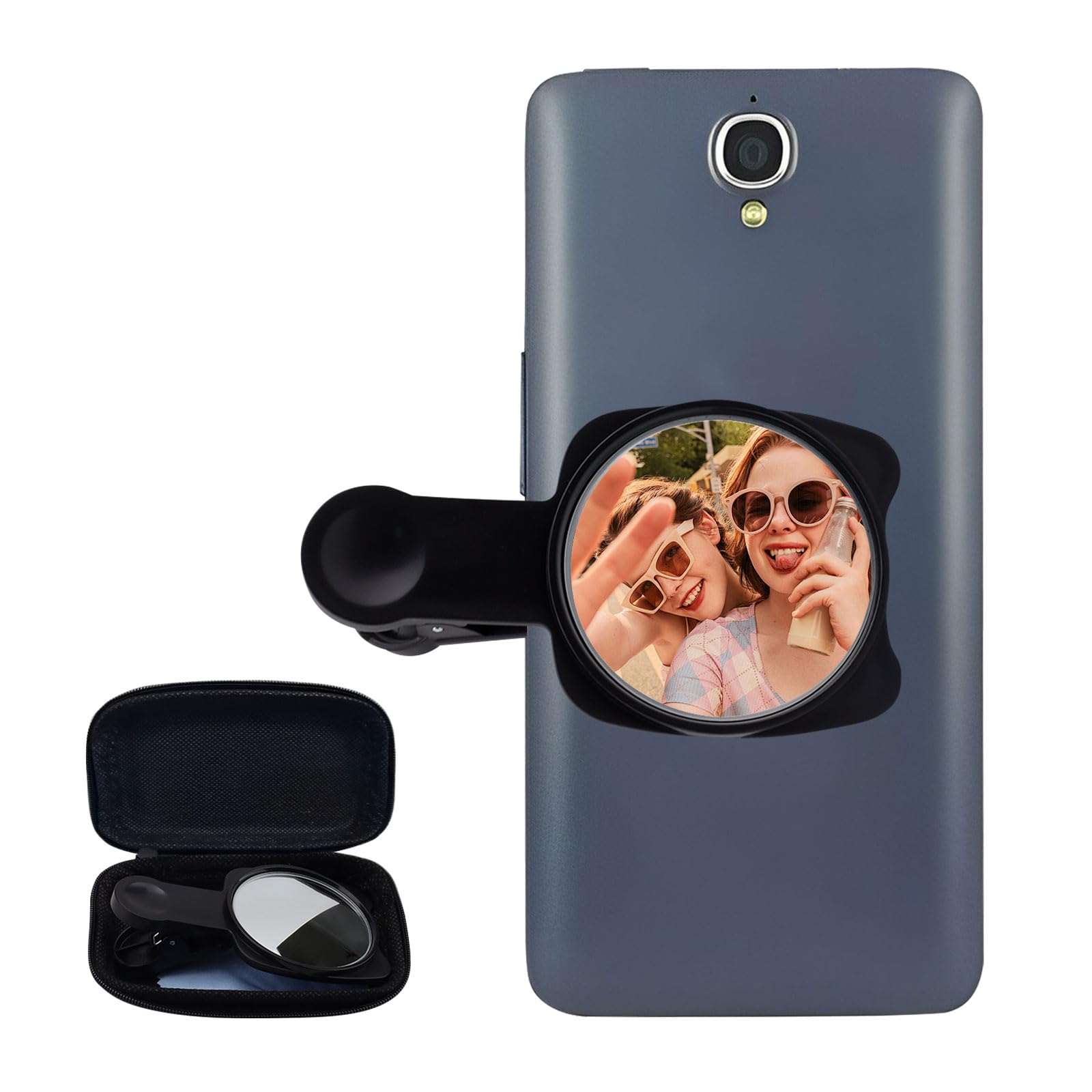 Yitexin Phone Vlog Selfie Monitor Screen Clip Mount, Portable Selfie Mirror for Phone Back Camera with Storage Case, Wide Angle Mirror Phone Mirror for All Phone (Black)