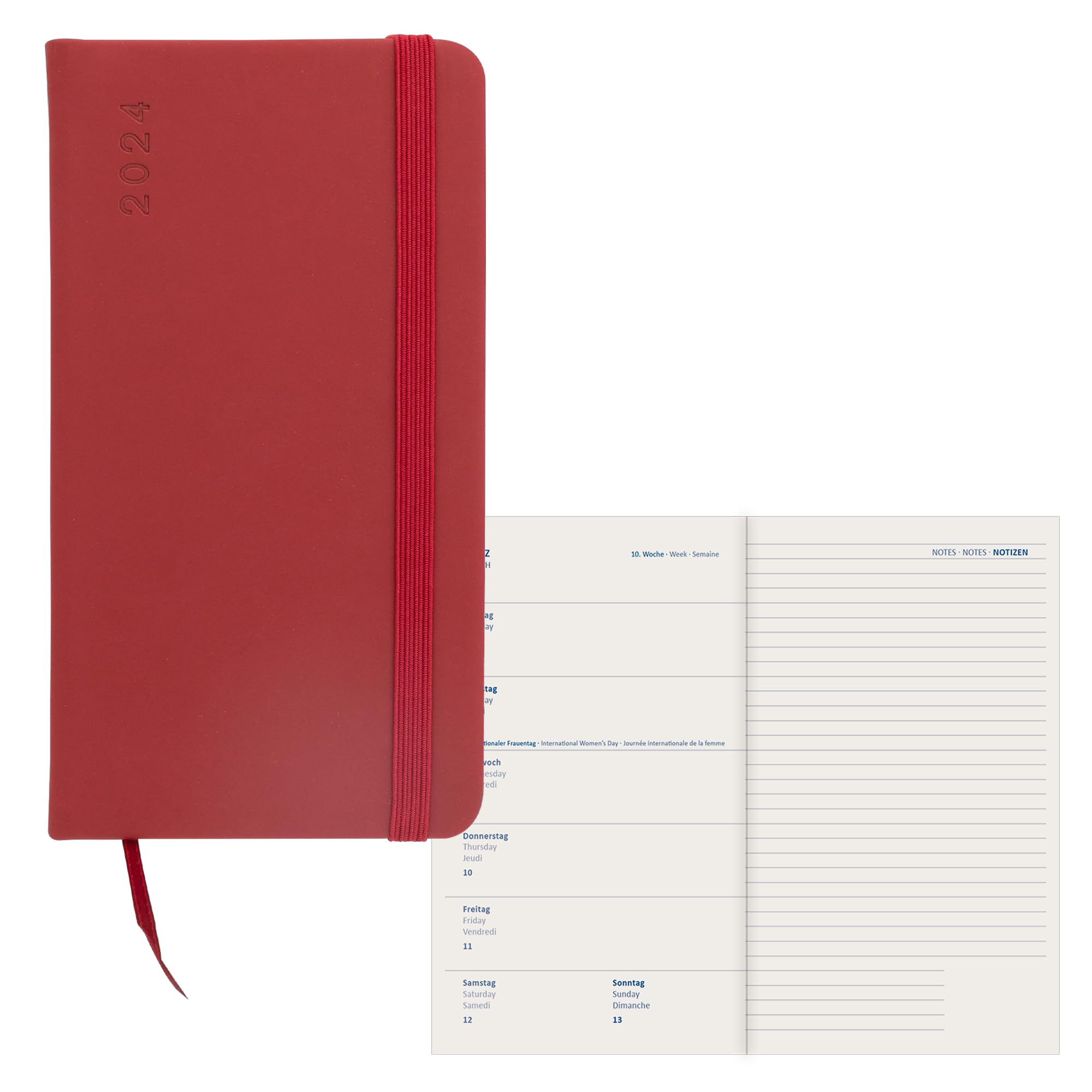 Idena 11072-2024 Appointment Diary, 80 x 150 mm, Slim Dark Red, 192 Pages, 1 Week on 1 Page, Agenda, Weekly Planner, Soft Touch Cover