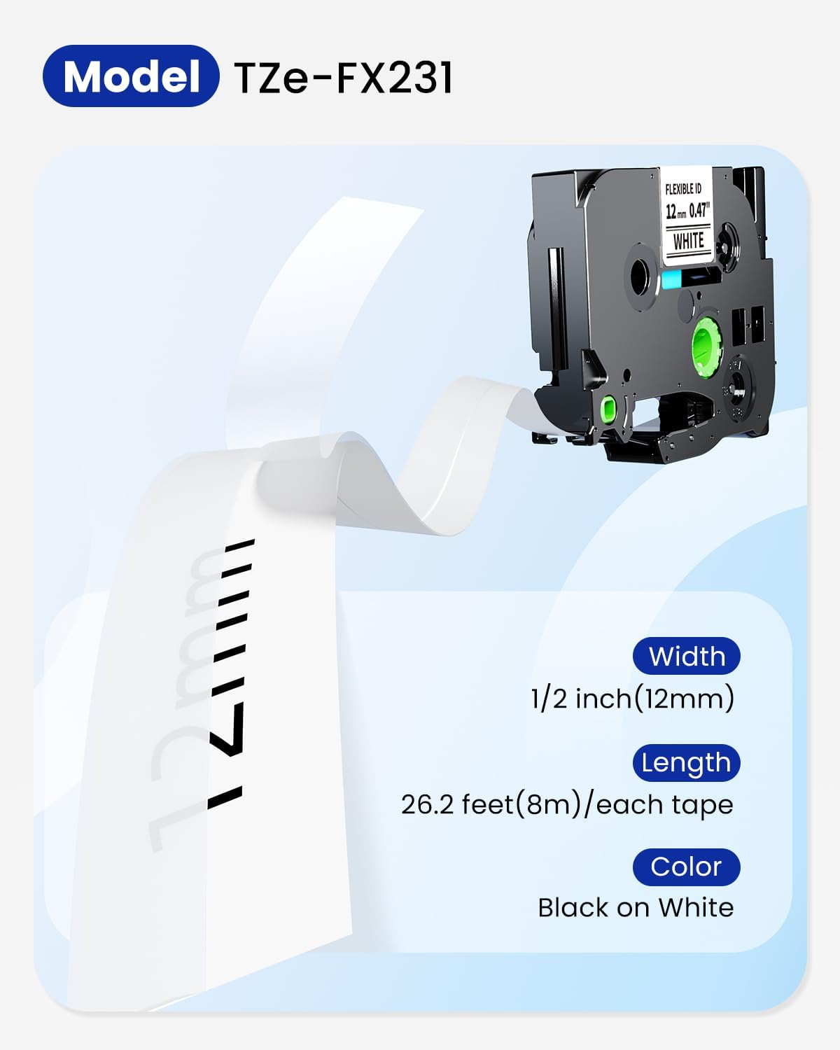 Replacement for Brother Flexible-ID TZe-FX231 12mm 0.47'' Laminated White P Touch TZe TZ Flexible Cable Wire Tape for PT-D200 PT-D220 PT-D210 PT-D600 PT-D400 PT-H100 PT-H110, 1/2" x 26.2', 4-Pack