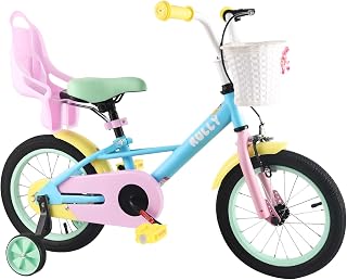 RULLY Bicicleta para Niñas de 12 a 16 Pulgadas (33-53 cm), para Edades de 2 a 7 Años – Bicicleta Infantil con Ruedas de Apoyo, Freno Contrapedal y Diseño de Arcoíris