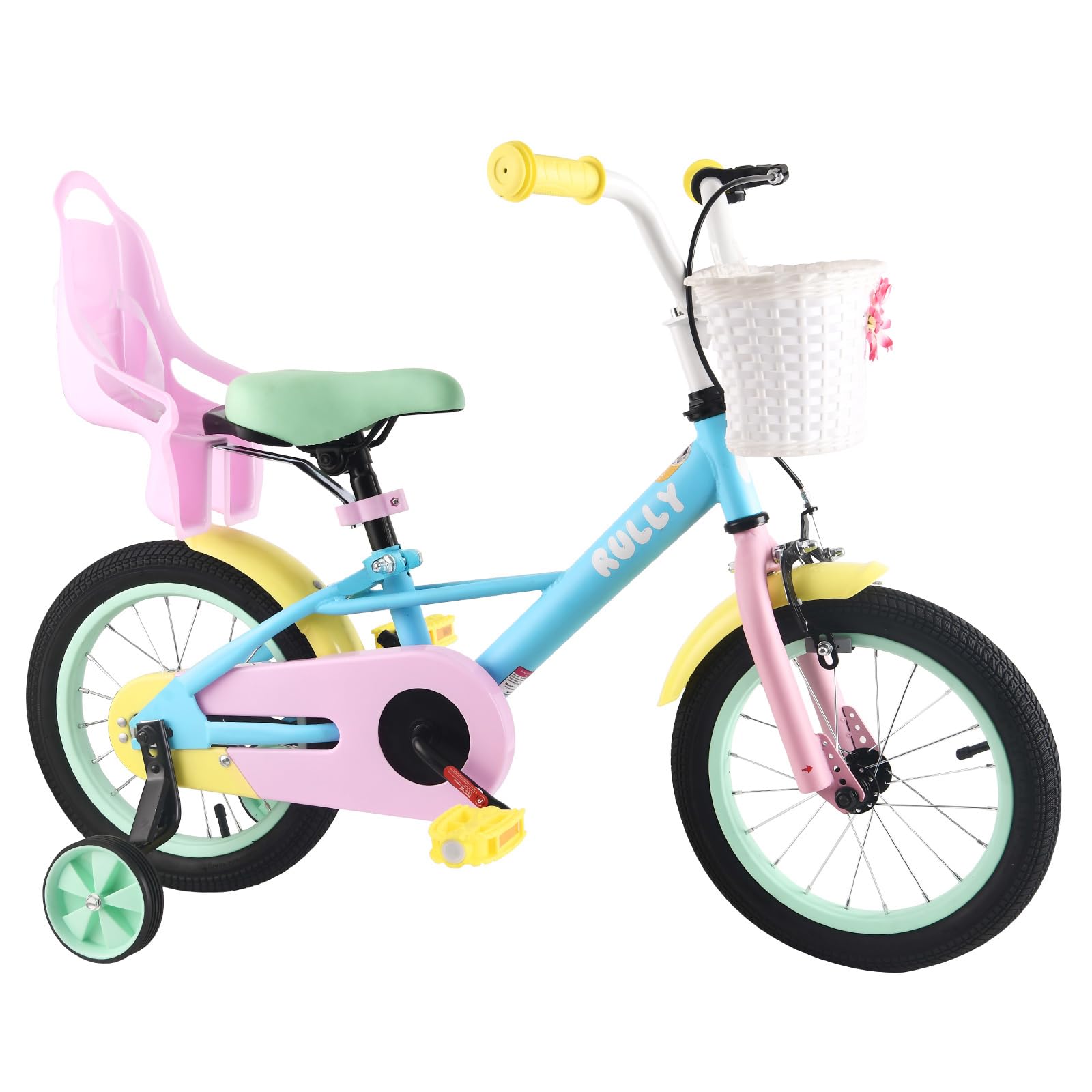 RULLY Vélo Enfant 12-16 Pouces pour Filles de 2 à 7 Ans (33–53 cm) – Vélo Fille avec roulettes, Frein à Rétropédalage et Design Arc-en-Ciel
