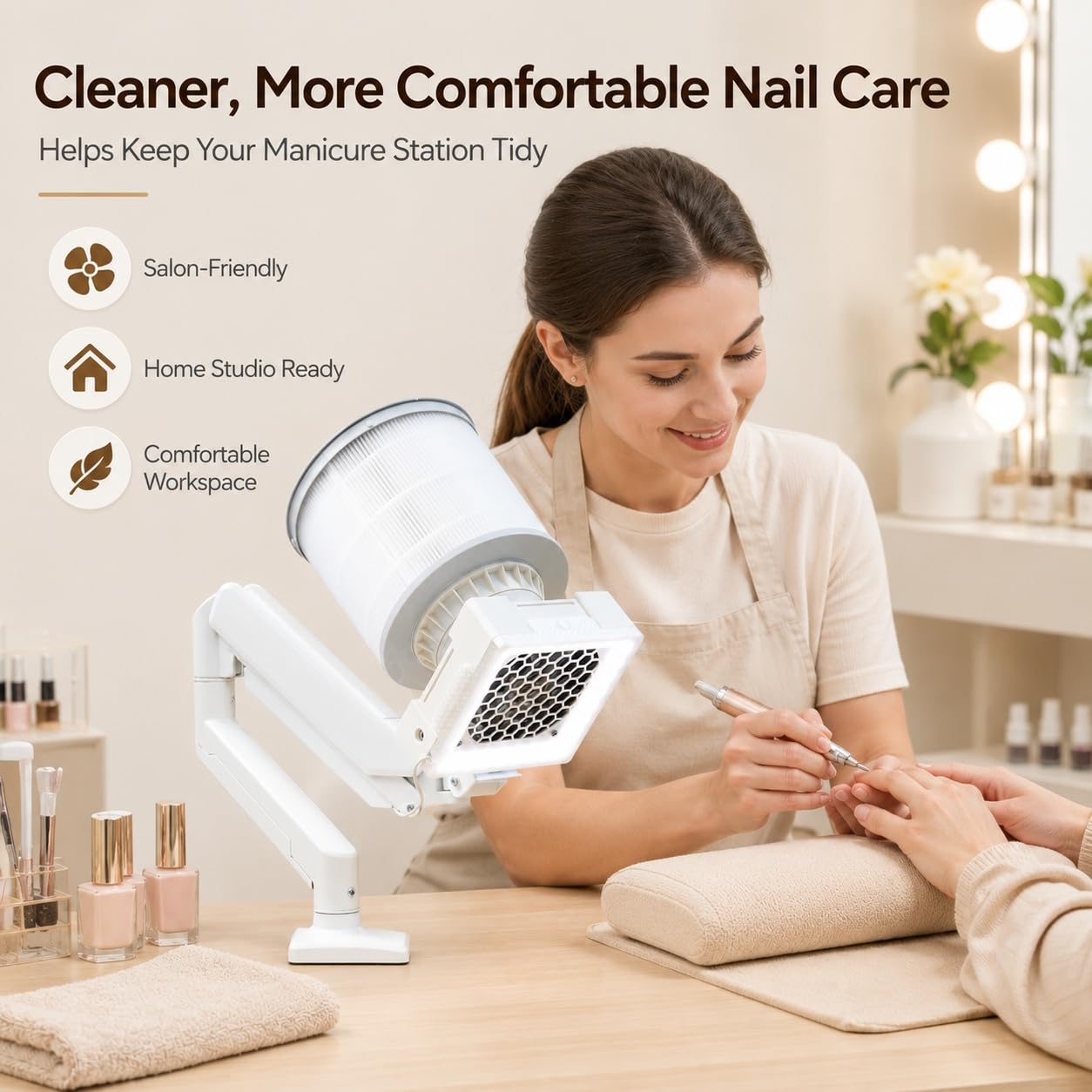 Odkurzacz stacjonarny do manicure 36 W + 5 W, oświetlenie Clip-On | Wykończony w klasycznym białym kolorze, który doskonale uzupełnia wystrój nowoczesnego salonu.