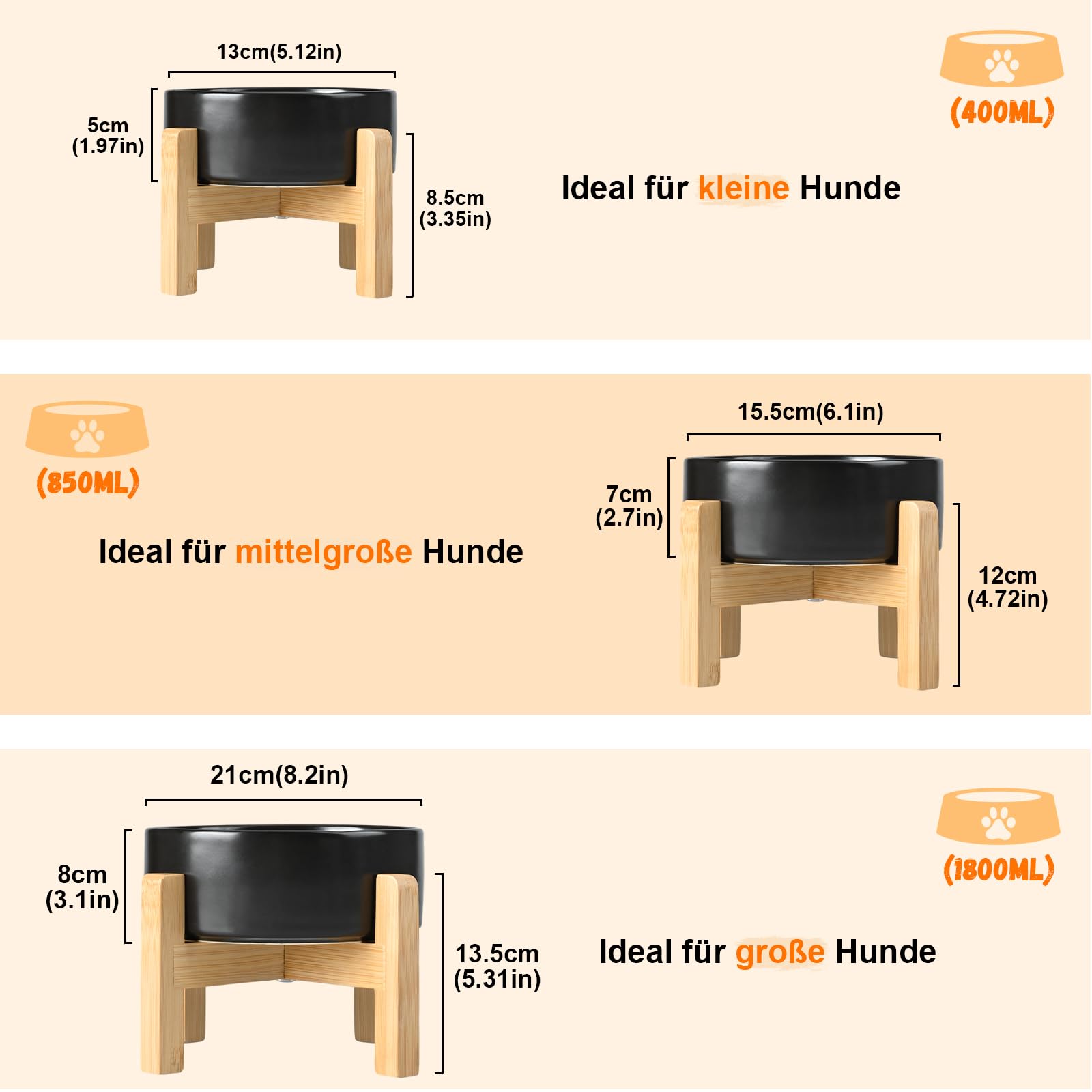 SPUNKYJUNKY Hundenapf Keramik Erhöhter Futternapf Set mit Bambus Ständer für Katzen und Hunde (1800ml, Schwarz)