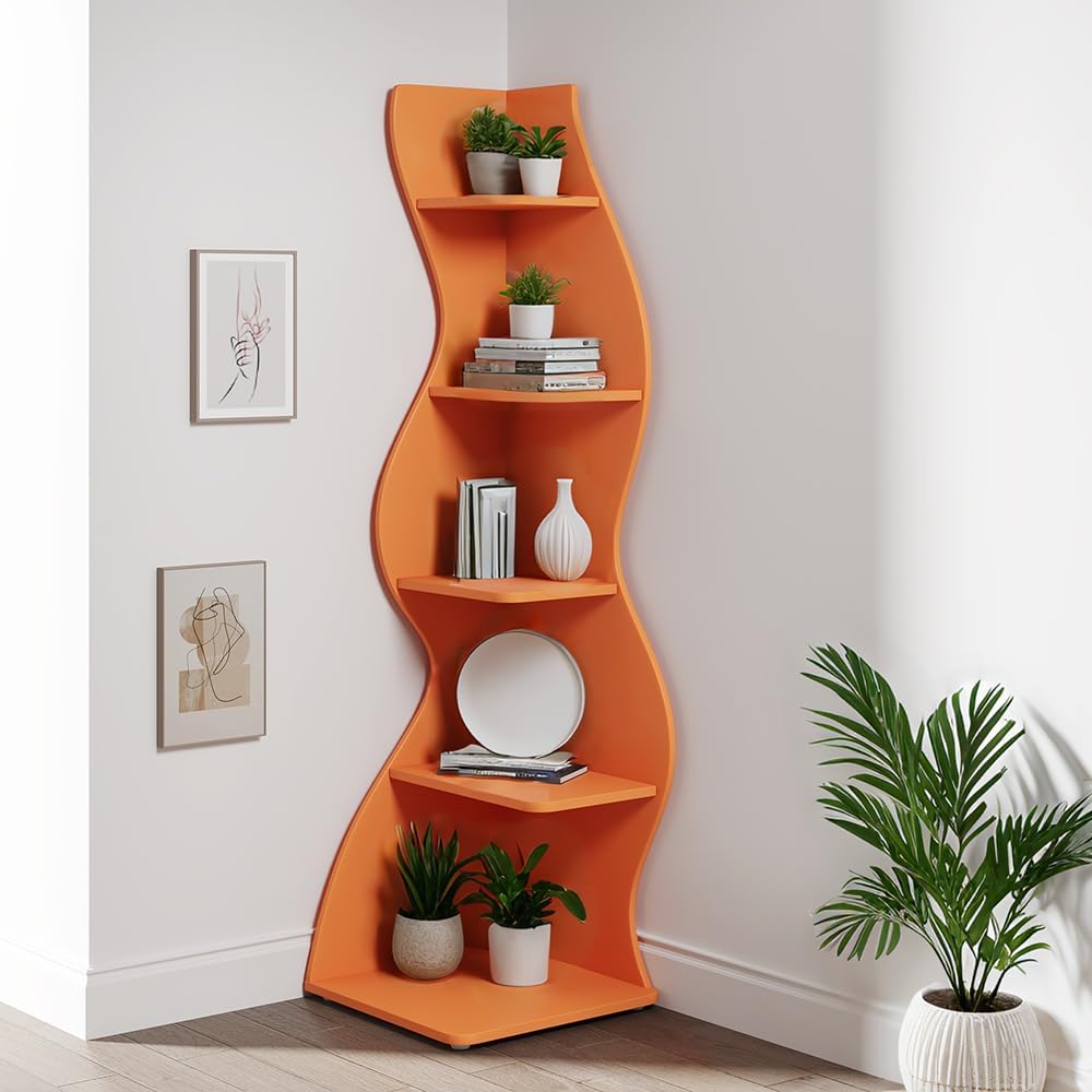 LKZ 5-Tier Corner Modern Bookshelf, Space-Saving Stylish Storage for Home and Office(69.88" High) (Orange)