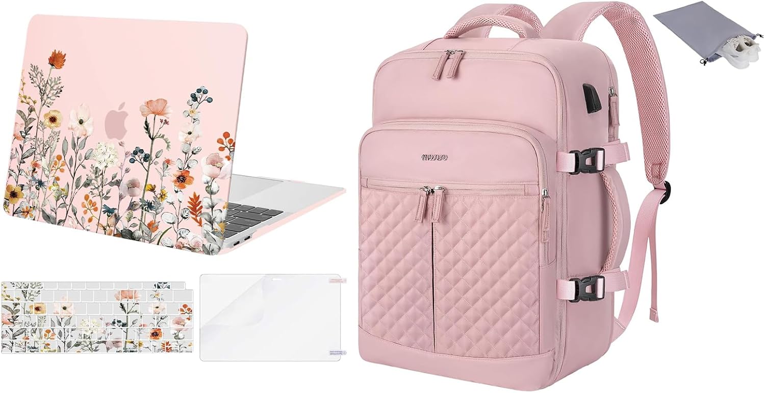 MOSISO 40L Rhombus Quilted Travel Backpack with Drawstring Bag&Compatible with MacBook Air 13 inch Case 2022-2018 A2337 M1 A2179 A1932, Garden Flowers Hard Shell&Keyboard Cover&Screen Protector, Pink