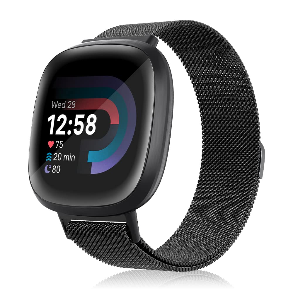 HAYONLIY Bande magnetiche compatibili con Fitbit Sense 2/Fitbit Versa 4/Fitbit Sense/Fitbit Versa 3, cinturino in maglia in acciaio inox, elegante cinturino di ricambio regolabile da donna, argento