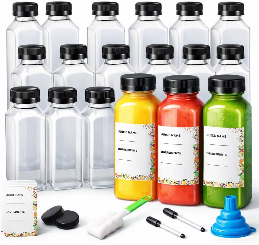 Clear Plastic Juice Bottles with Caps – BPA-Free Food-Grade PET | 50PCS 350 ml Reusable Smoothie Bottles for Juicing, Iced Coffee & Meal Prep Leakproof Tamper-Evident Lids, Funnel & Brush