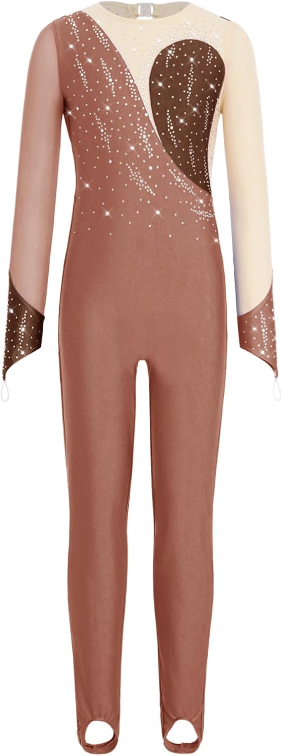 JanJean Girls Long Sleeve Stirrup Gymnastics Ballet Dance Leotards Sparkly Rhinestones Color Block Figure Skating Jumpsuit