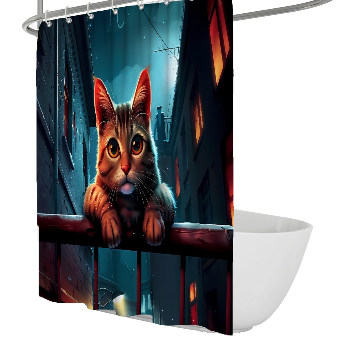UERWOWELL Industrial Style Shower Curtain Cute Cat Shower Curtain Night Alley Scenery Bathroom Decor Waterproof Washable Bath Curtains with Hooks W180xL220 cm