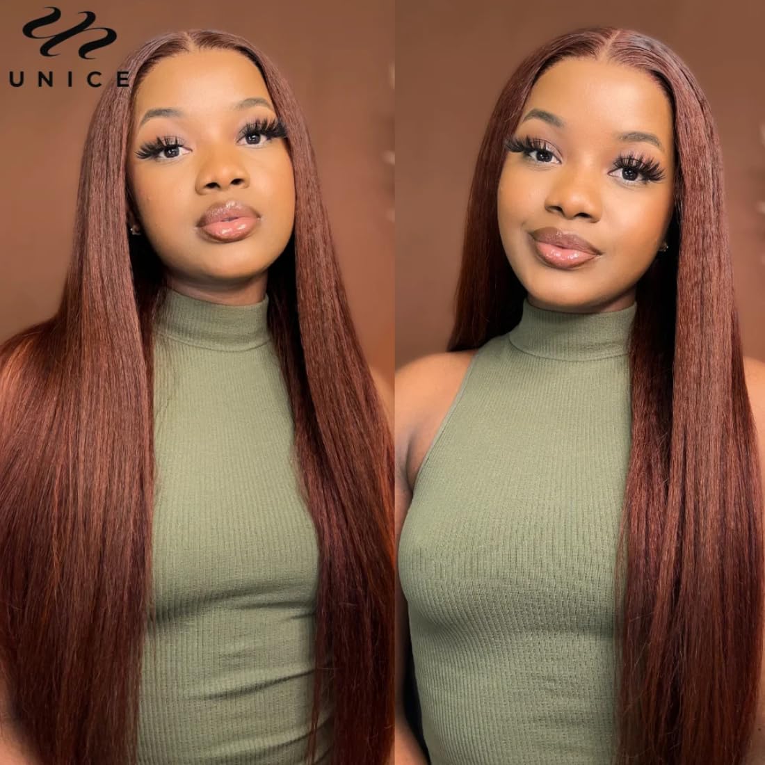 UNICE Bye Bye Knots Glueless Wig Reddish Brown Yaki Straight 7x5 Pre Cut Lace Glueless Wigs Human Hair Pre Plucked Pre Bleached Invisible Knots Human Hair Wig 20 inch - Image 2