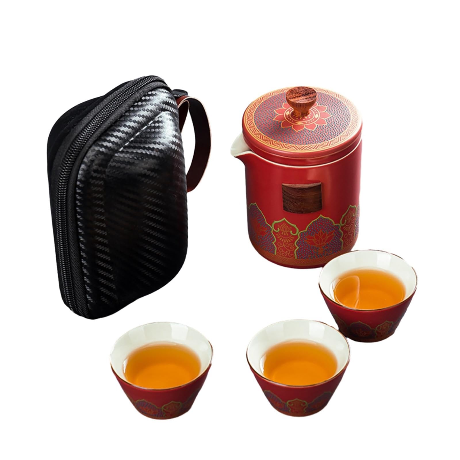 Juego de té clásico japonés con tres tazas en una olla, juego de té rojo con tres tazas en una olla