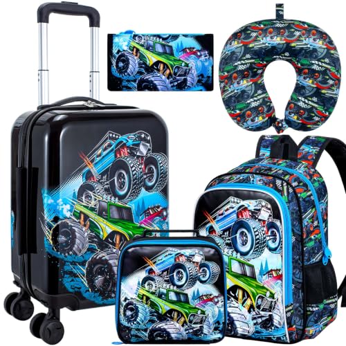 Image of CCJPX 5Pcs Kids Suitcase for Boys, 16 inch Travel Luggage Set with Spinner Wheels, Truck Hardside Carry on Toddler Rolling Suitcase Airline Approved (Black)