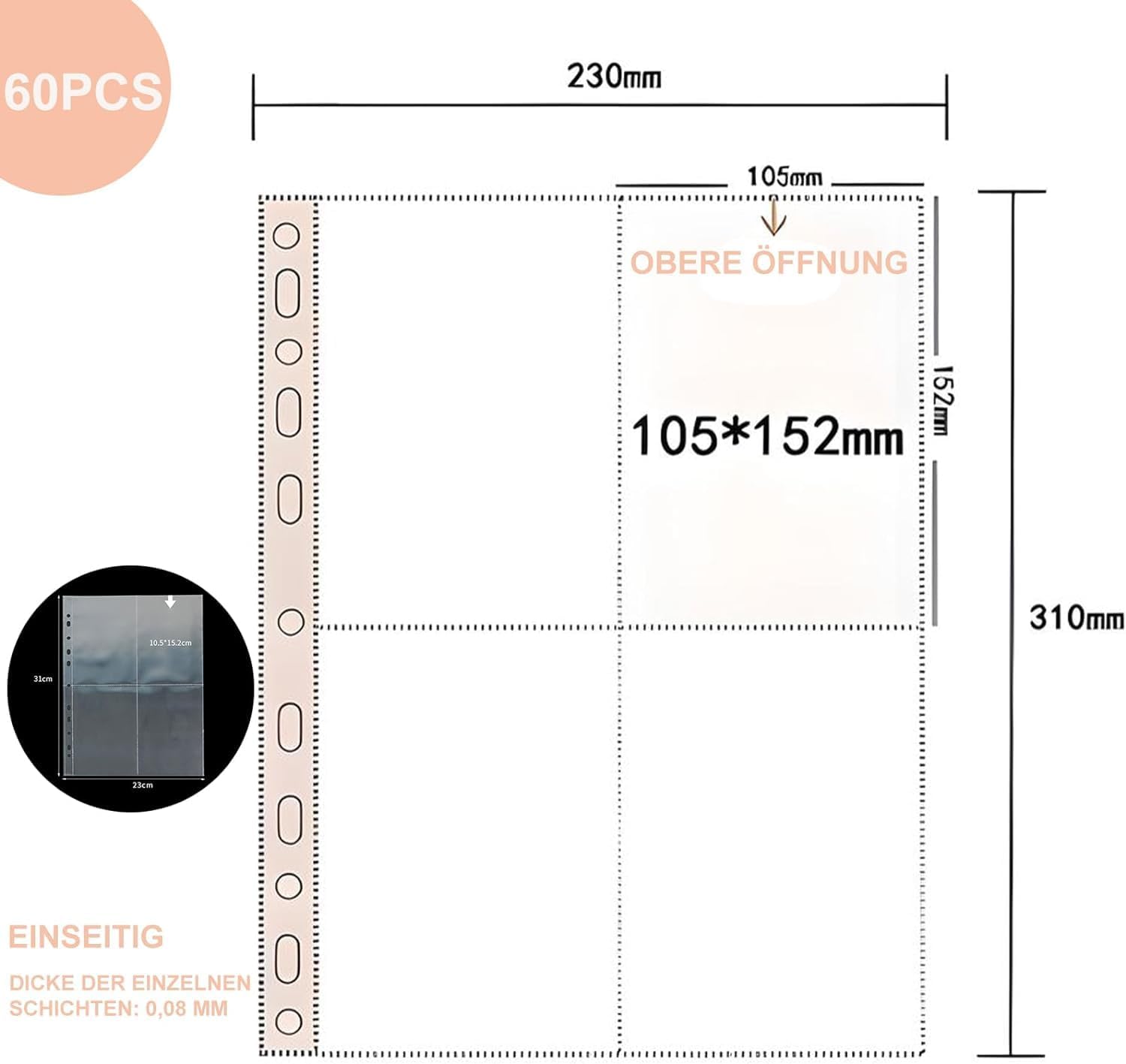 60 Pcs Doppelseitig Fotohüllen, Transparent Postkartenhüllen, Sammelhüllen 4 Fach Geteilt für Sammlungen von Fotografien, Postkarten und Dokumenten(10.5cm×15.2cm)