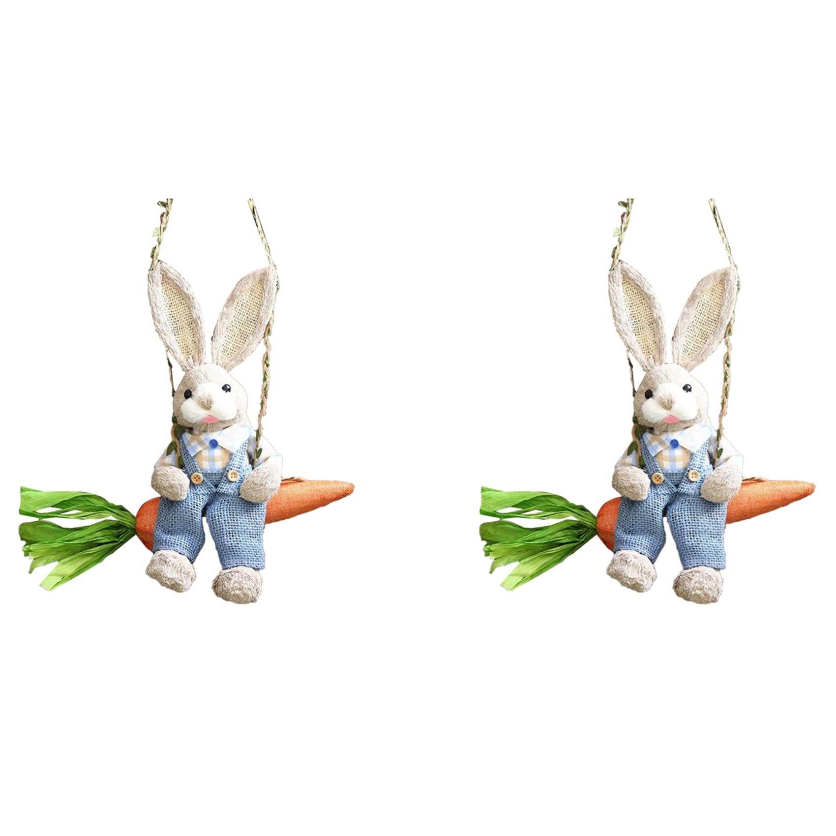 Vjsujehgy 2X Easter Straw Bunny Figurine, Straw on Carrot Swing, Bunny Statue Hanging Ornament B