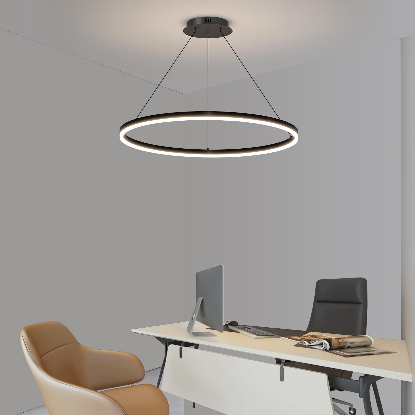 Mikeru 60CM LED Esstisch Pendelleuchte, Deckenleuchte Ringe Schwarz Dimmbar von 10% bis 100% 3000K/4500K/6000K Wohnzimmerleuchten mit Fernbedienung Hängeleuchte Rund für Wohnzimmer