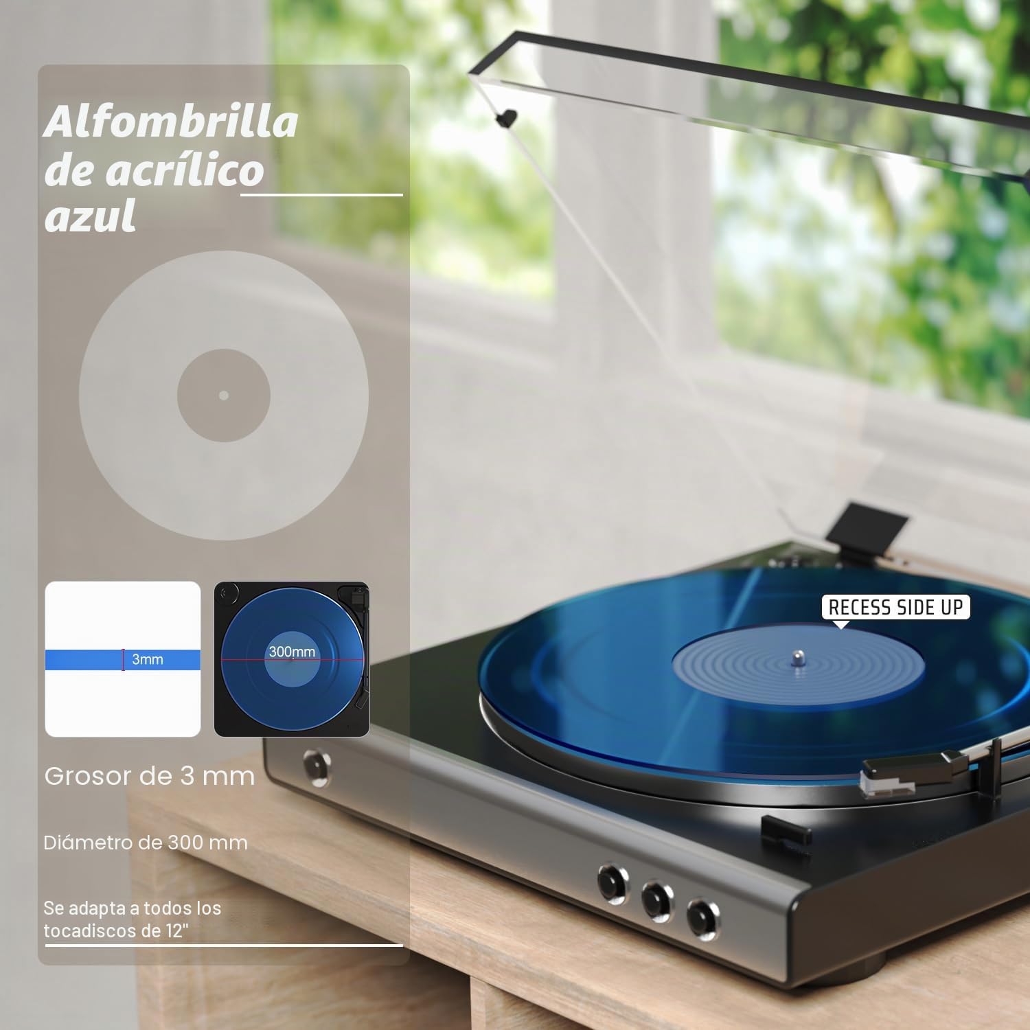 Alfombrilla giratoria para tocadiscos, alfombrilla antideslizante de vinilo para tocadiscos antiestático más apretado y definido, azul