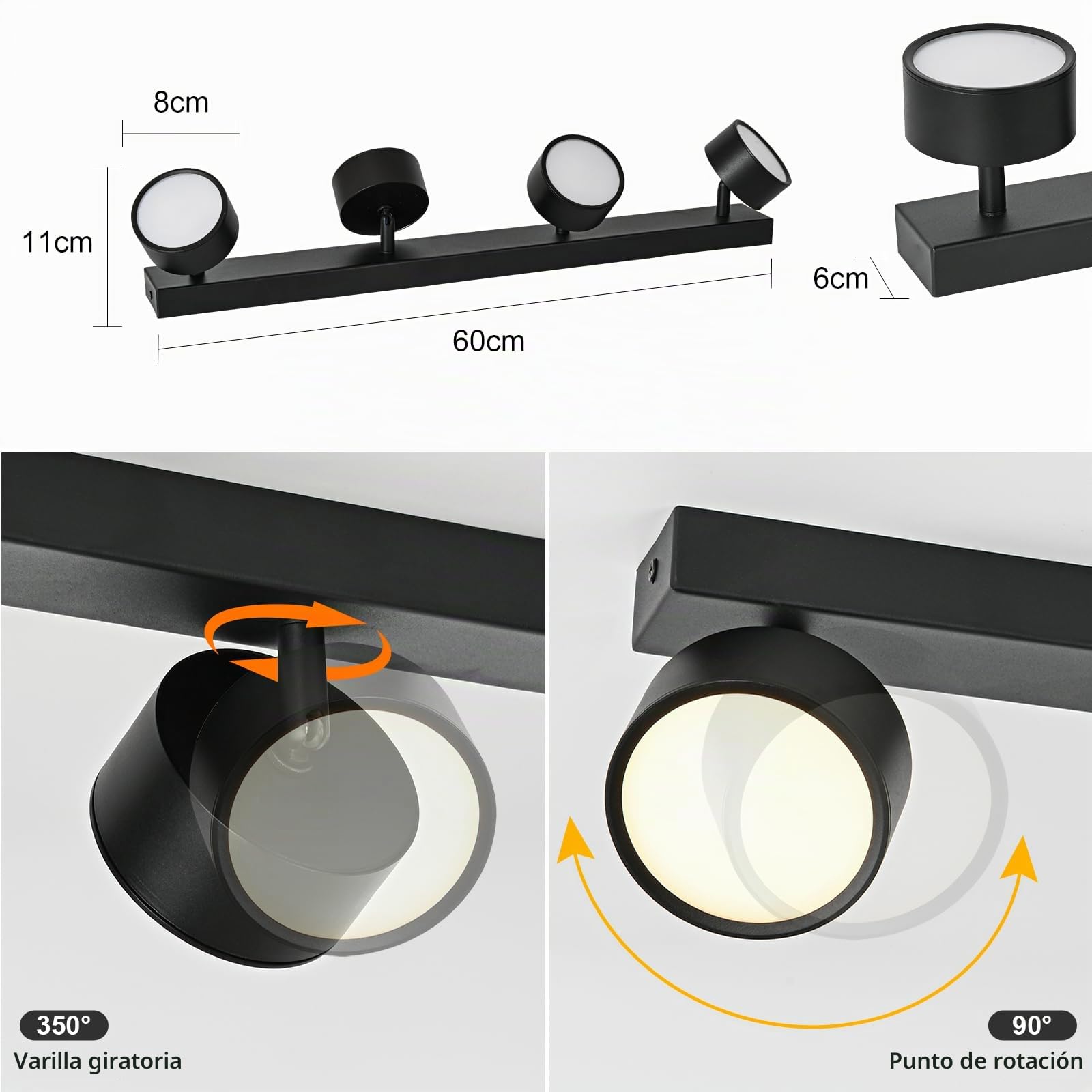 Plafones LED Lámpara de Techo 4 Focos Orientable, Plafones de Techo Negro LED Foco de techo 28W Blanco Cálido 3000K Plafón Pared Interior Moderno Para Cocina Pasillos Salón Dormitorios