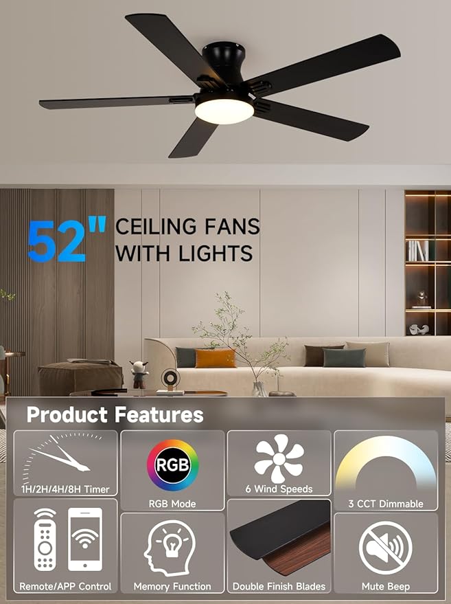 Ventilador de Techo 52 Pulgadas con Luz RGB, Control Remoto miniatura 4