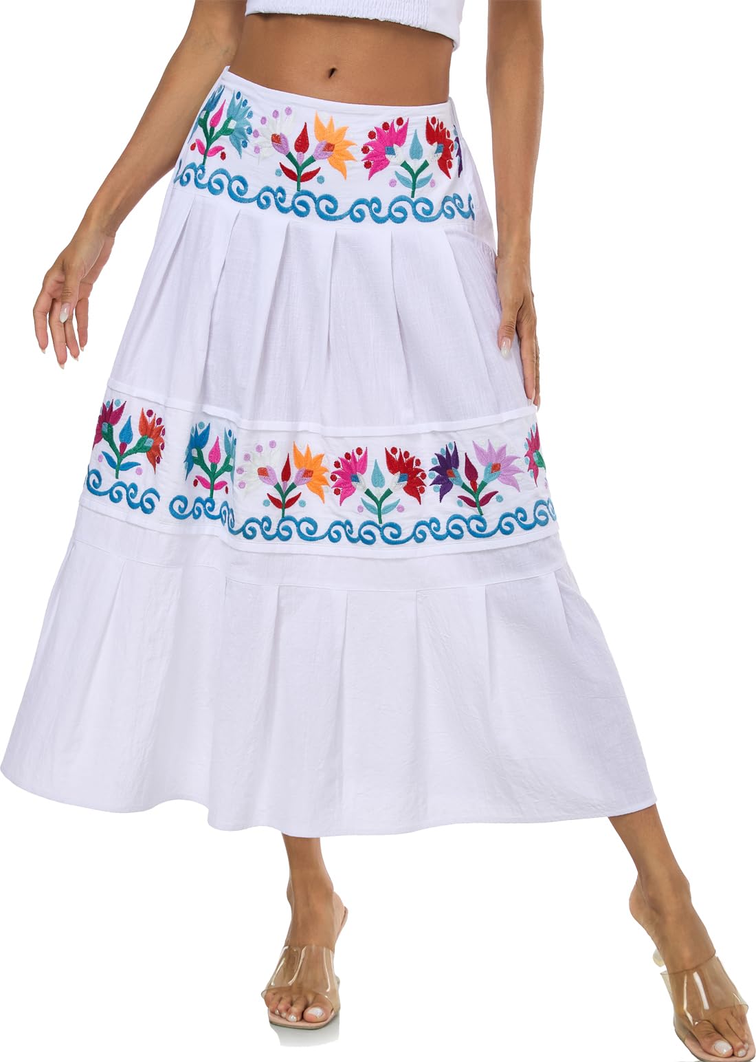 YZXDORWJ Mexikanische Röcke für Damen, Blumenstickerei, Maxirock, traditionelles Kleid, Fiesta-Outfit