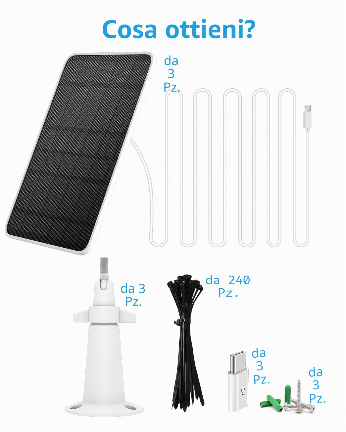Pannello solare per telecamera di sorveglianza wireless da esterno 5V 4W, IP65 alimentazione solare impermeabile per telecamera di sicurezza, micro USB e connettore di tipo C, confezione da 3
