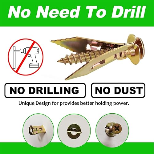 Miniatura 4 de Kit de anclajes y tornillos para paneles de yeso autoperforantes, anclajes de pared resistentes, sin taladros ni agujeros en herramientas de